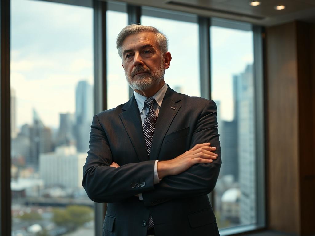 **Image Generation Prompt:**

Create a realistic, high-resolution photo that represents the concept of investing in litigation finance. The composition should be simple and clear, featuring only one subject: a confident, middle-aged male investor in a well-tailored suit, standing thoughtfully with his arms crossed. He should have a focused expression, indicating deep contemplation about financial opportunities. 

The background should be a modern office setting with large windows letting in natural light, s