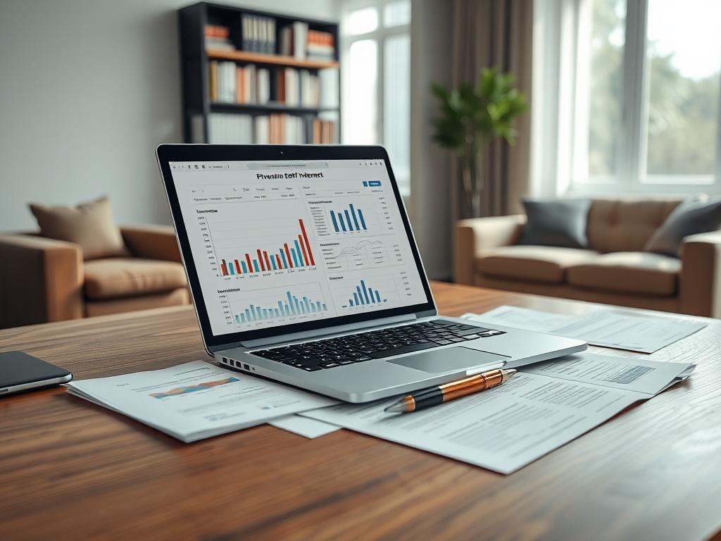 **Prompt for AI Image Generation:**

Create a realistic high-resolution photo featuring a single subject that embodies the theme "The Three Key Parameters in Private Debt Investment." 

**Subject Matter:** The central subject should be a sophisticated wooden desk adorned with financial documents and charts illustrating investment strategies. Place a sleek, modern laptop open on the desk, displaying a financial analysis spreadsheet related to private debt investment. Include a rich, luxurious-looking pen bes
