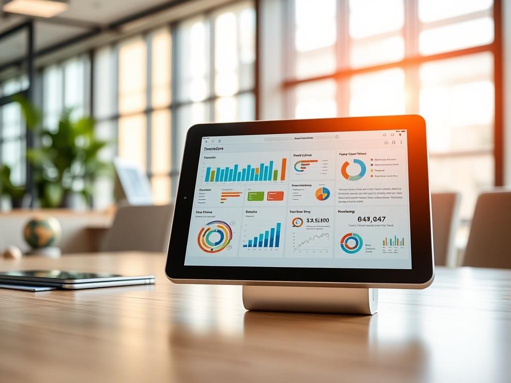 A high-resolution close-up image of a tablet displaying an interactive overview of alternative investments, set against a modern office backdrop. The tablet screen features colorful charts and infographics. Natural light streams in, highlighting the diversity of investment options presented.