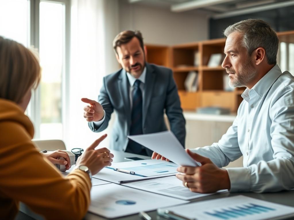 A high-resolution close-up image of a financial advisor discussing wealth management strategies with a client over a table filled with documents and charts in a bright office. The focus is on the advisor gesturing towards a document, showcasing a collaborative work environment.