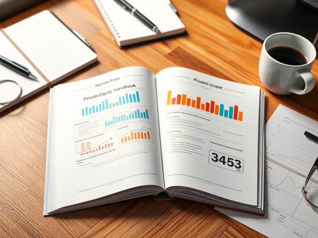 A high-resolution close-up image of a well-organized desk featuring a private equity investment handbook opened to a page with charts and graphs. Surrounding the handbook are a notebook, a pen, and a cup of coffee, creating a productive and intellectual ambiance. The lighting is bright and focused on the handbook.