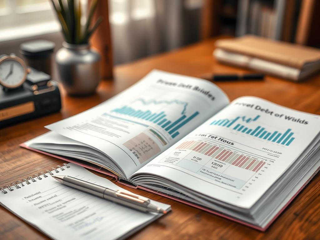 A close-up shot of an open financial guide on a wooden desk, with notes and a pen beside it. The guide features graphs and charts related to private debt investments. The background is softly blurred, highlighting the study atmosphere, with a warm, inviting light.
