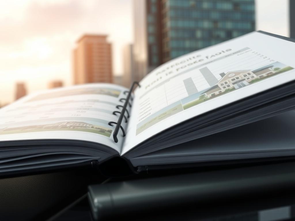 A high-resolution close-up of a modern real estate portfolio binder opened to display property listings, accompanied by visual graphs showing investment performance. The background features a blurred city skyline, symbolizing urban investment opportunities.