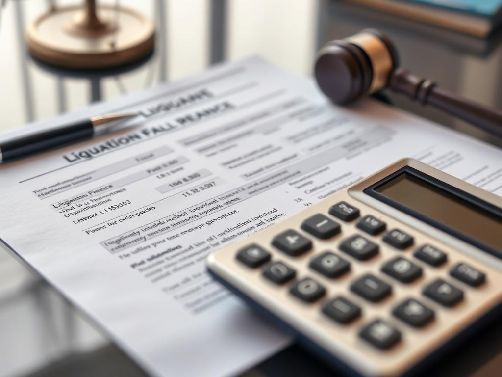 A close-up shot of a legal document and a calculator on a sleek desk, with a focused view on the financial figures related to litigation finance. The background is subtly blurred, conveying a professional and analytical atmosphere.