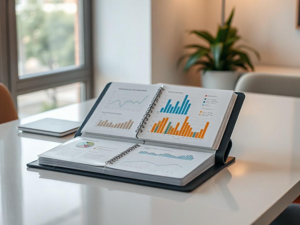 **Prompt for AI Image Generation:**

Create a realistic high-resolution photo featuring a single, elegantly designed investment portfolio binder displayed on a sleek, modern desk. The binder should be open to reveal high-quality, well-organized financial documents, showcasing graphs and charts that highlight alternative investments to the stock market. 

The desk should have a minimalist aesthetic, emphasizing a calm and professional atmosphere. Include a subtle, soft-focus background of a contemporary offi
