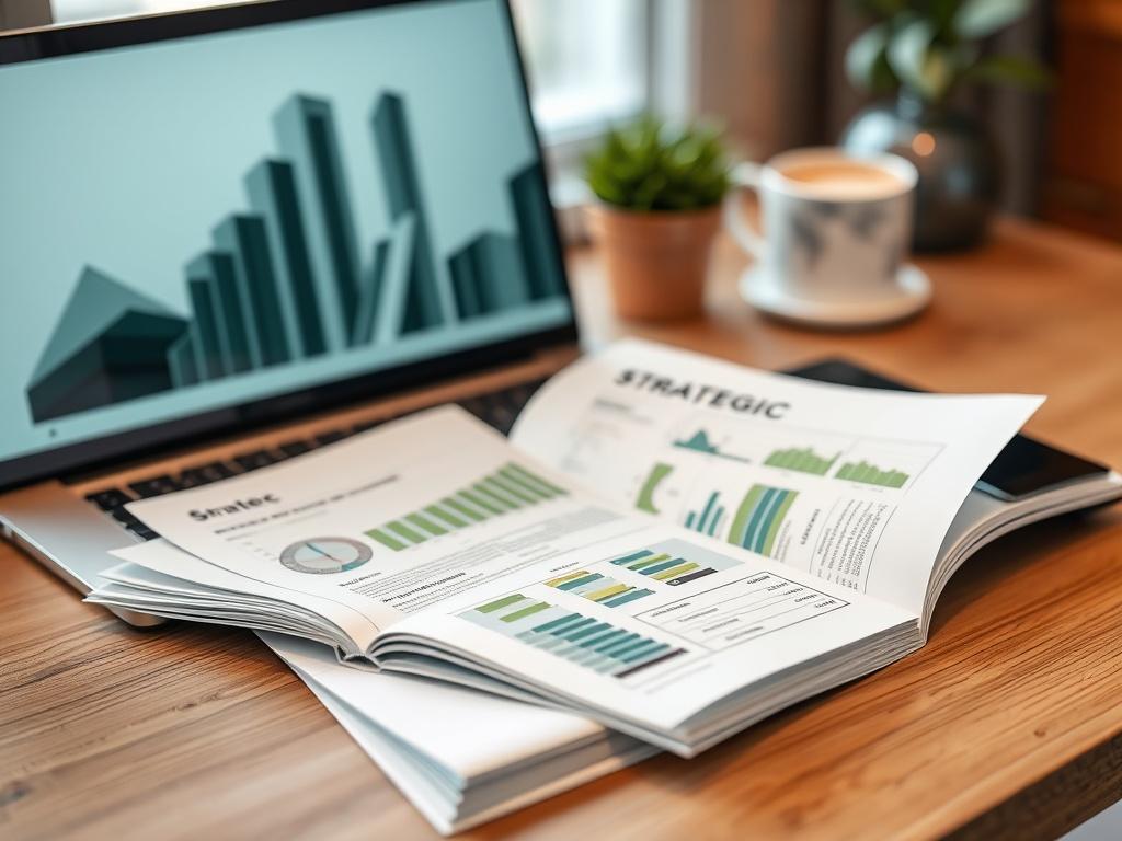 A hyper-realistic close-up shot of a strategic real estate investment guide opened to a page with charts and graphs, placed on a modern desk with a stylish laptop. The background is softly blurred to focus on the guide, showcasing a sophisticated investment environment. The color palette includes subtle earth tones and greens to match the primary color #136A5C.