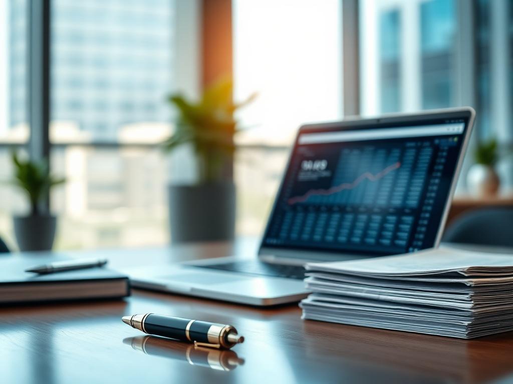 Create a realistic high-resolution photo featuring a sophisticated workspace that reflects the theme of private debt investments. The composition should focus on a single, elegantly designed desk with a high-quality laptop open, displaying a financial analysis spreadsheet related to private debt. The laptop's screen should be subtly reflecting an upward trend graph, symbolizing potential investment growth. 

In the foreground, place a sleek, luxury pen and a neatly stacked set of financial reports, emphasiz