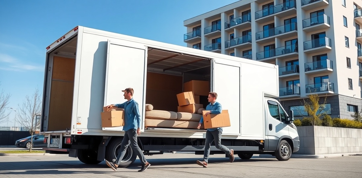 Profesjonelle flyttearbeidere som bærer sofa og bokser fra en flyttebil utenfor en bolig i Oslo