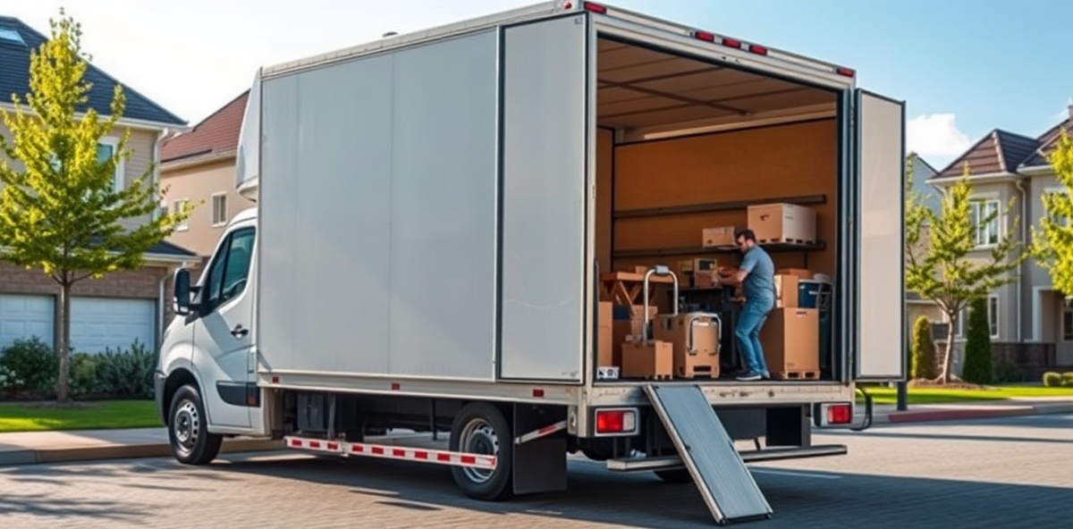 Flyttebil parkert utenfor Oslo boligområde med profesjonelle flyttearbeidere som forbereder utstyr. Ren og velpliktet flyttekjøretøy