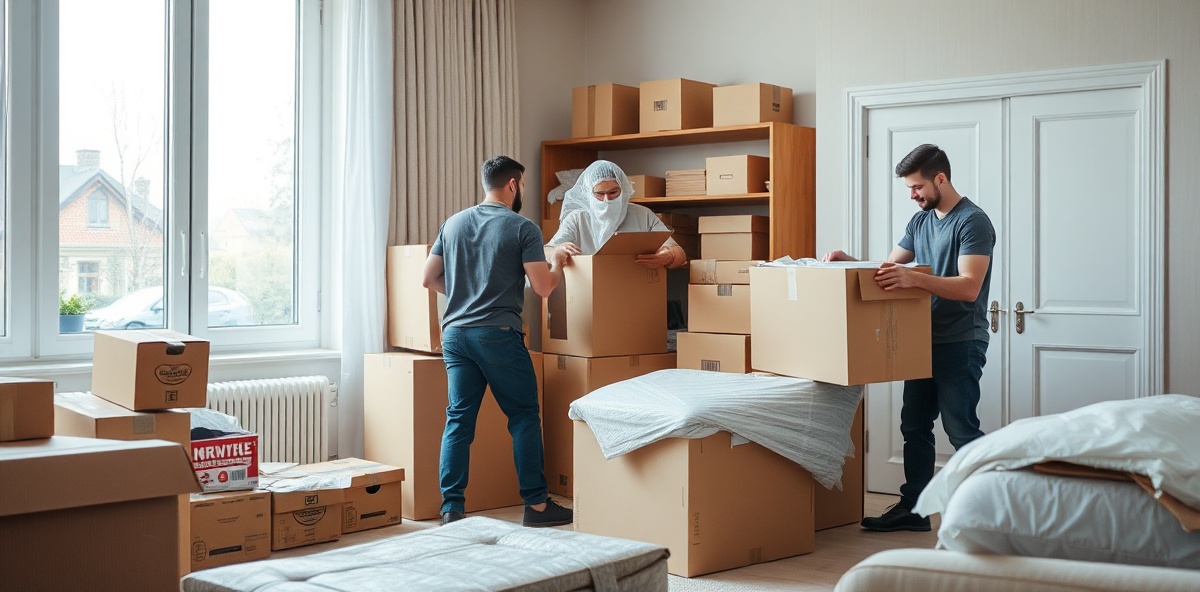Profesjonelle flyttearbeidere som pakker husholdningsartikler i esker og omgir møbler med beskyttelsesmateriale i en moderne Oslo-leilighet