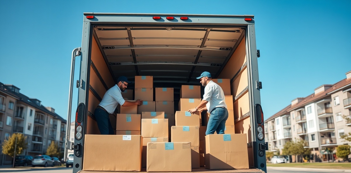 Profesjonelle flyttearbeidere som laster kartongbokser effektivt inn i bakdelen av en flyttebil i Oslo