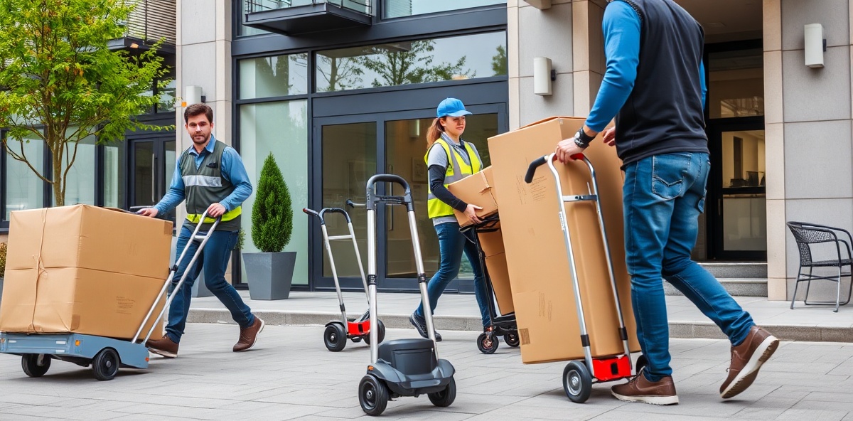 Profesjonelt flytteteam med utstyr i Oslo. Arbeidere bruker handtrucks og dollyer for å flytte tunge gjenstander med beskyttelseutstyr