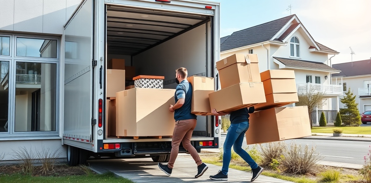 Profesjonelle flyttearbeidere som bærer møbler og bokser fra en flyttebil utenfor en moderne bolig i Bærum
