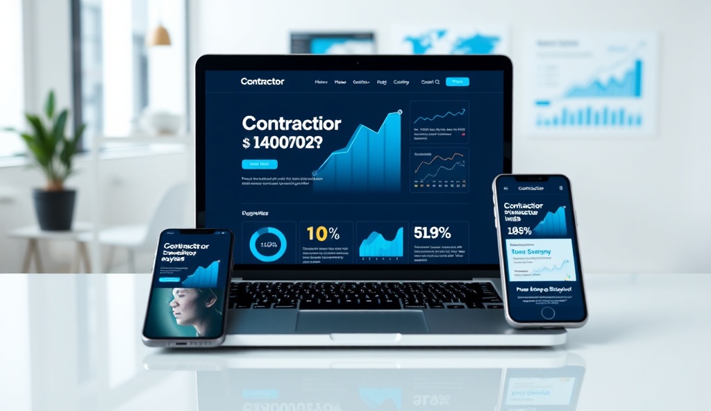 Modern contractor website mockup on laptop and phone with growth charts
