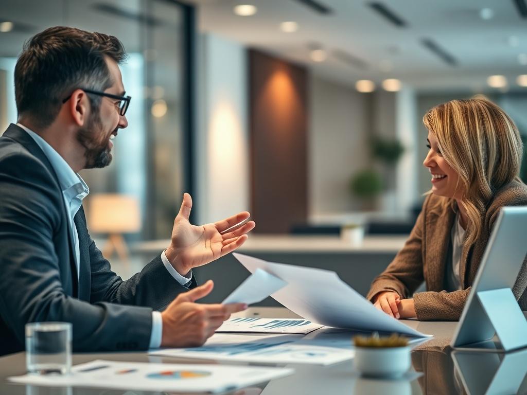 A focused shot of a professional consultation session between a