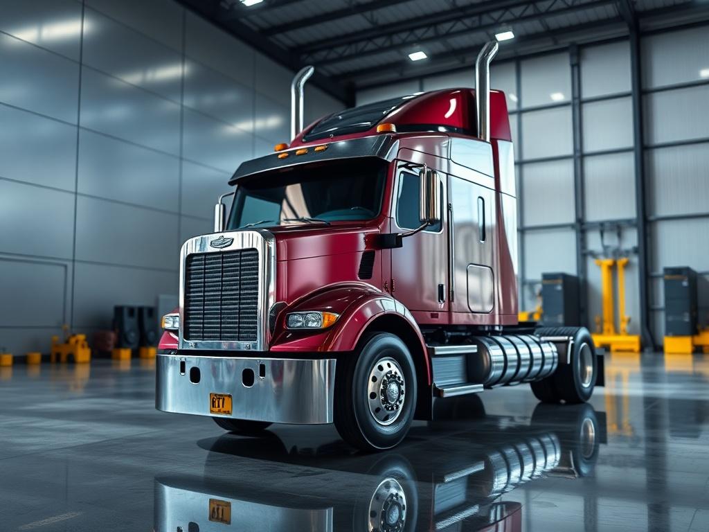 A high-resolution photo of a heavy goods truck part displayed prominently against a sleek, modern background. The part should have hyper-glossy, mirror-like reflections and ultra-shiny surfaces that highlight its quality. The setting should be industrial yet clean, showcasing the part's durability and importance in heavy goods transportation. Natural lighting should illuminate the image to enhance the luminous highlights.