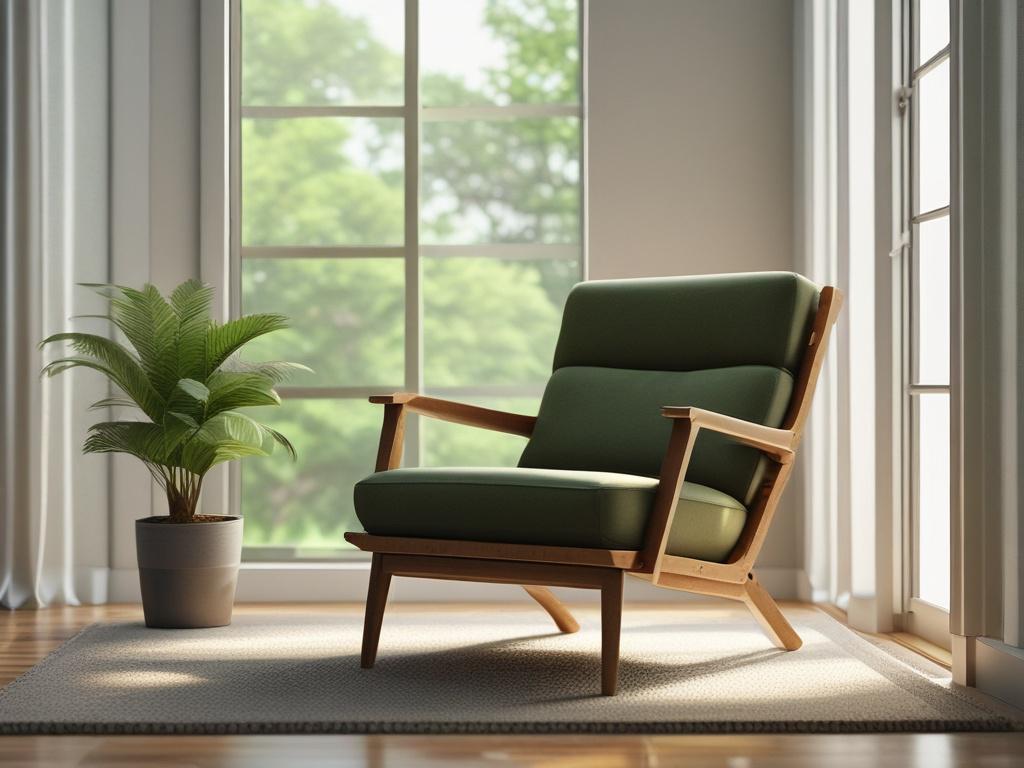 A serene therapeutic room filled with lush greenery, soft natural light streaming through a large window, and calming earth tones. The focus is on a single, elegantly designed chair surrounded by plants, creating a peaceful atmosphere. The image is shot with a 45mm f/1.2 lens for a hyper-realistic close-up effect, emphasizing the tranquil space.