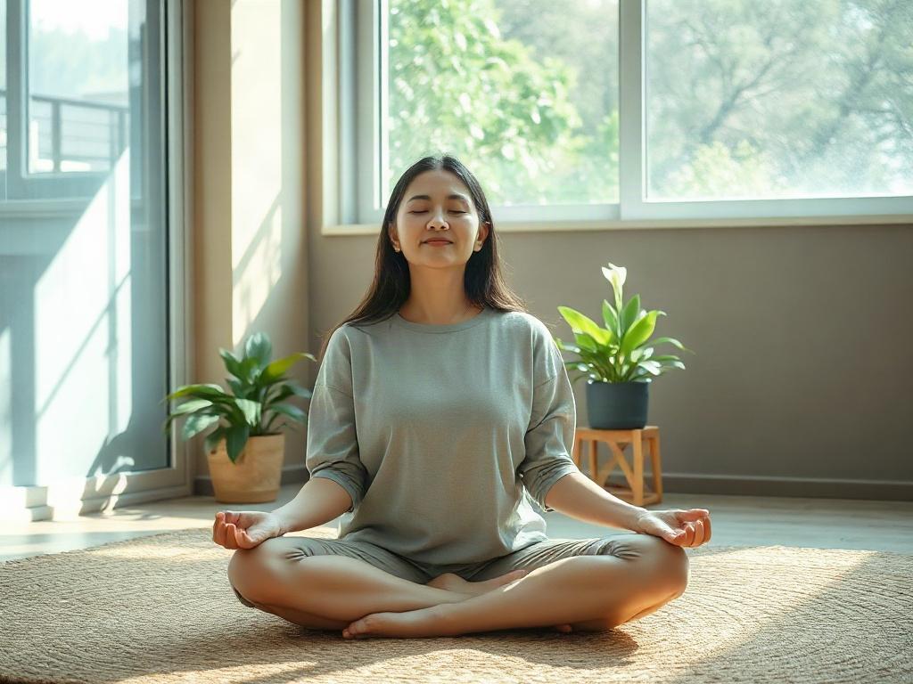 **Prompt for AI Image Generation:**

Create a realistic high-resolution photo that embodies the theme of "Your Brain and Wellness." The composition should be simple and centered around a single subject: a serene woman in her mid-30s, sitting cross-legged on a soft, natural-textured rug in a softly lit room. The woman appears relaxed and content, her eyes gently closed as she practices mindfulness. 

In the background, include plants such as a lush, green potted fern and a small peace lily, symbolizing the h