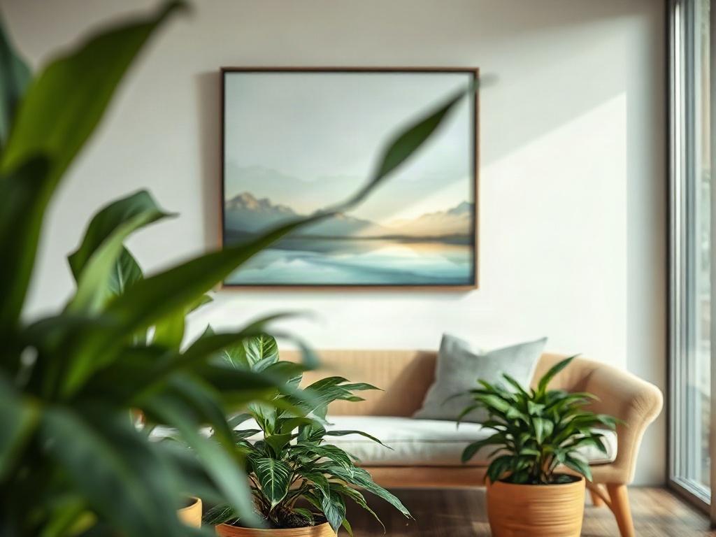 A serene, inviting therapeutic space designed for mental wellness, featuring natural textures and soft lighting. The focus is on a cozy seating area with lush indoor plants, promoting a sense of calm. The backdrop showcases calming colors and art that reflects nature, creating a harmonious environment. The composition is clean and clear, emphasizing the importance of space in mental health.