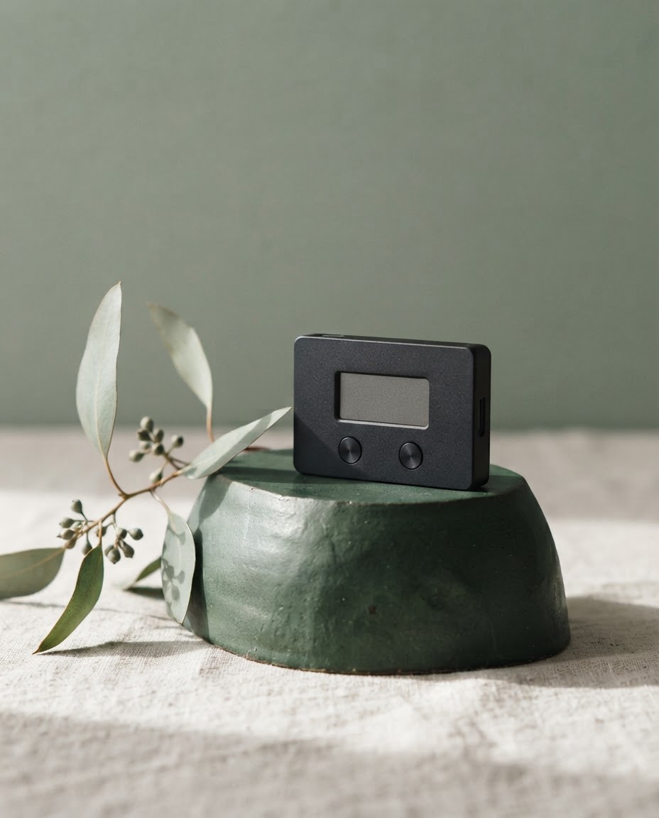 Minimal matte black hardware wallet on a forest-green plinth