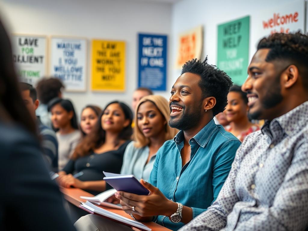 A vibrant scene from a workshop led by Chi Enterprises, with a diverse group of engaged participants. The focus is on a charismatic speaker passionately sharing insights with an audience, who are taking notes and actively participating. Background features a bright and welcoming space with motivational posters. The composition highlights the energy and collaboration among attendees, creating an atmosphere of learning and empowerment.