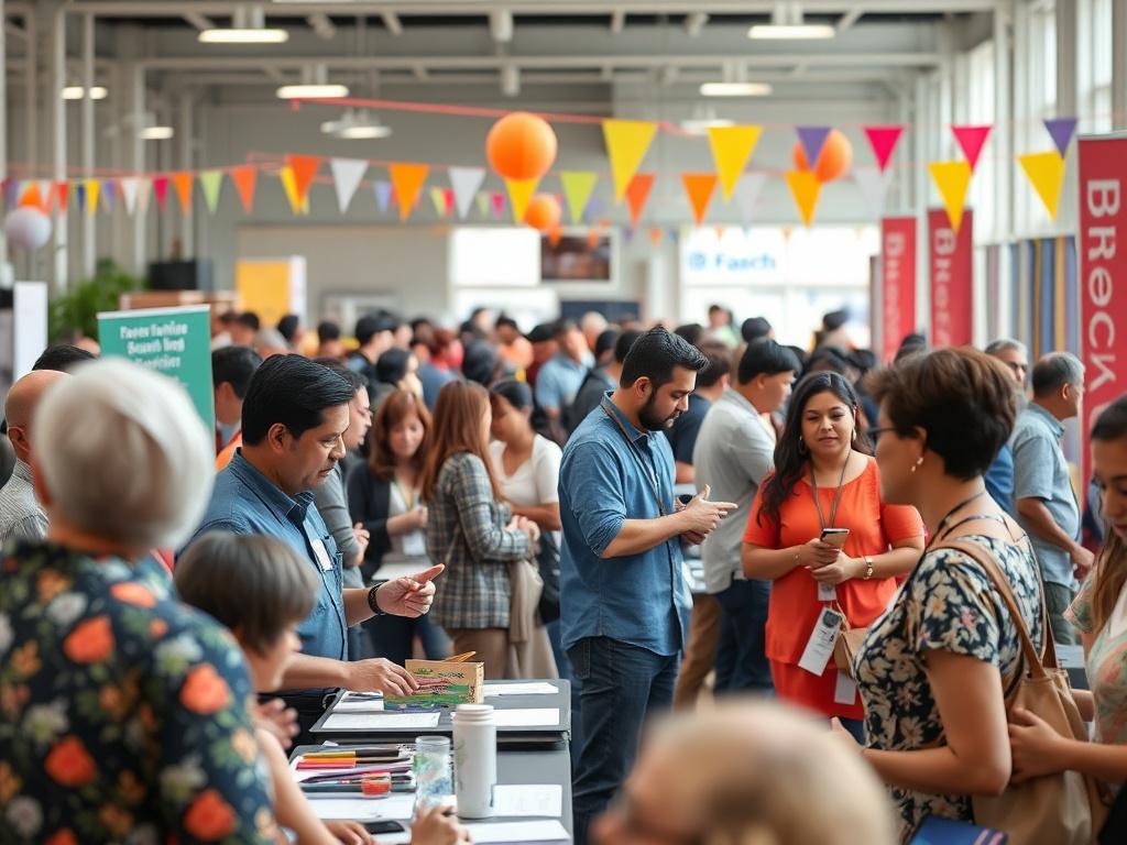 A lively community event organized by REACH with Chi Enterprises, featuring participants engaging in various activities. The scene includes people of all ages enjoying workshops, discussions, and networking opportunities. Colorful banners and decorations create a festive atmosphere. The image should convey a sense of unity and connection among attendees, highlighting the importance of community involvement and support. This captures the spirit of collaboration and shared learning.