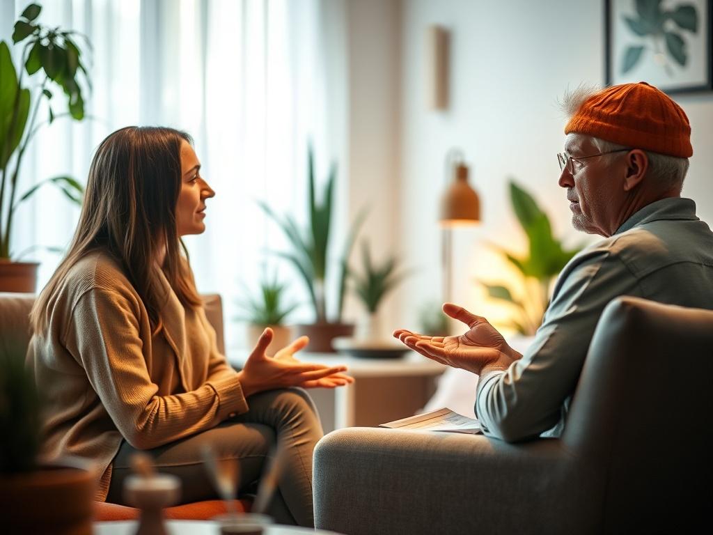 An intimate coaching session in progress, showcasing a one-on-one interaction between a coach and a client. The setting is cozy and inviting, with soft lighting and comfortable seating. The coach is attentively listening and providing guidance to the client, who is expressing thoughts and emotions. The background includes elements that promote tranquility, such as plants and calming colors. This image captures the essence of personal growth and transformation.