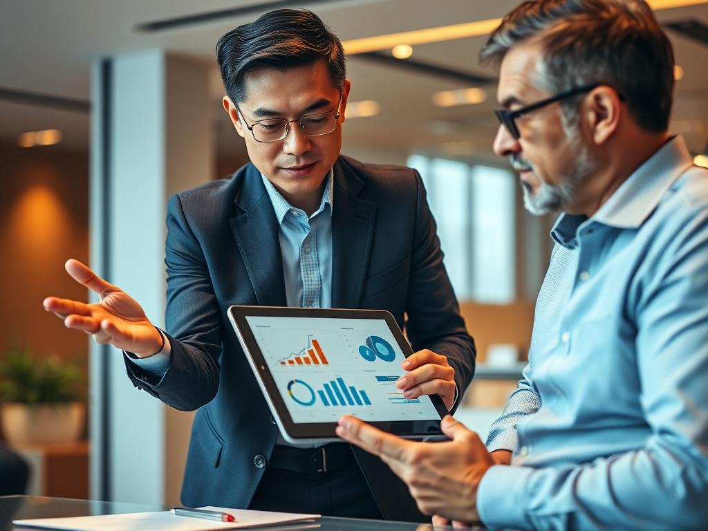 A detailed close up of a business consultant discussing strategies