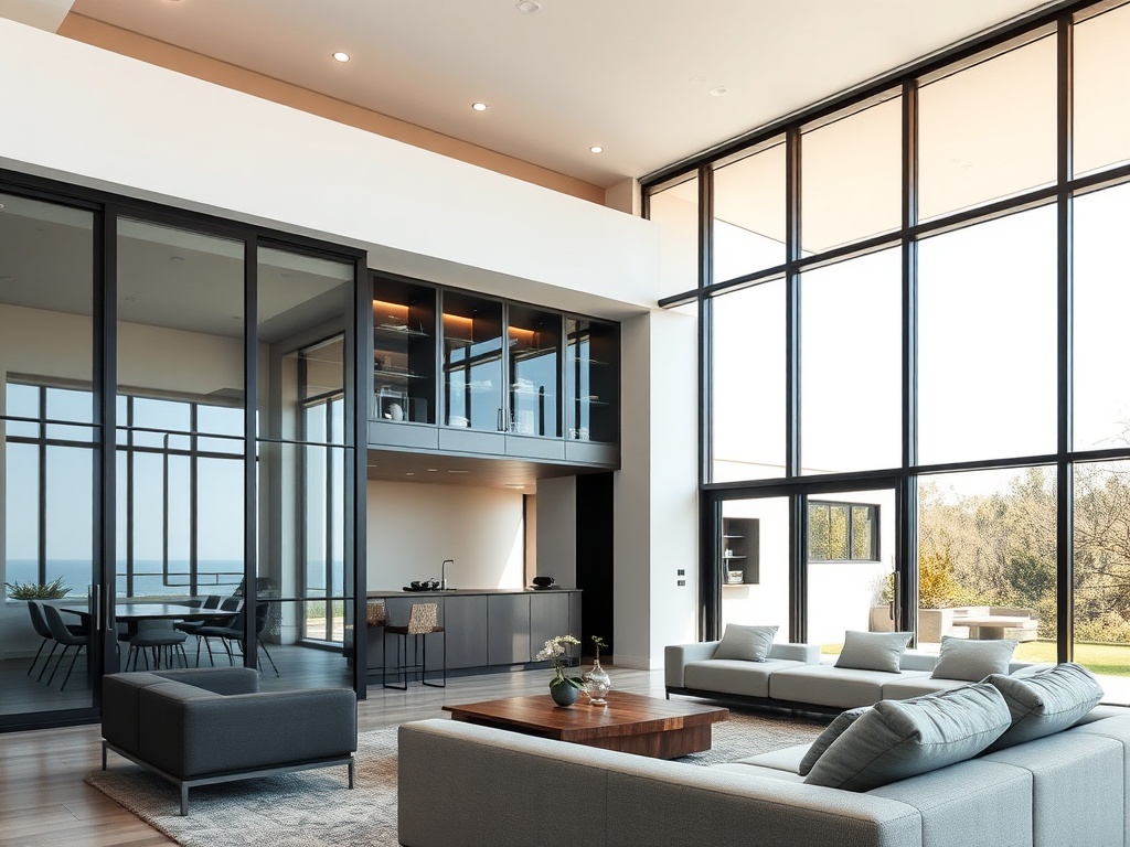 Modern interior with glass and aluminum elements