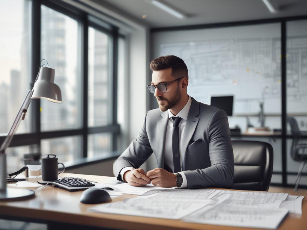 A professional Enterprise Architect in a modern office setting, working intently at a computer with architectural blueprints displayed on the screen. The background features a sleek, contemporary office with soft lighting, emphasizing a collaborative and innovative atmosphere. The image should be shot with a 45mm f/1.2 lens to create a shallow depth of field, blurring the background slightly to focus on the architect.