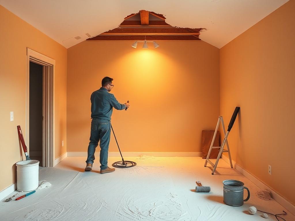 A cozy, golden-hued interior of a freshly painted room featuring a skilled professional applying drywall mud. Soft lighting illuminates the space, highlighting the smooth finish and attention to detail. The background shows neatly arranged tools and materials, creating a serene and inviting atmosphere.