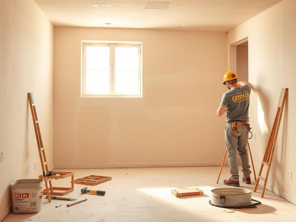 A well lit room with newly installed drywall, showcasing smooth
