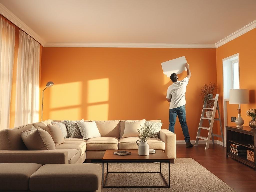 A cozy living room showcasing a freshly painted wall in
