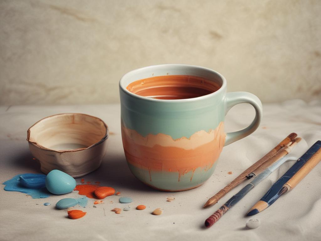 ceramic mug, painting, vibrant colors, art tools