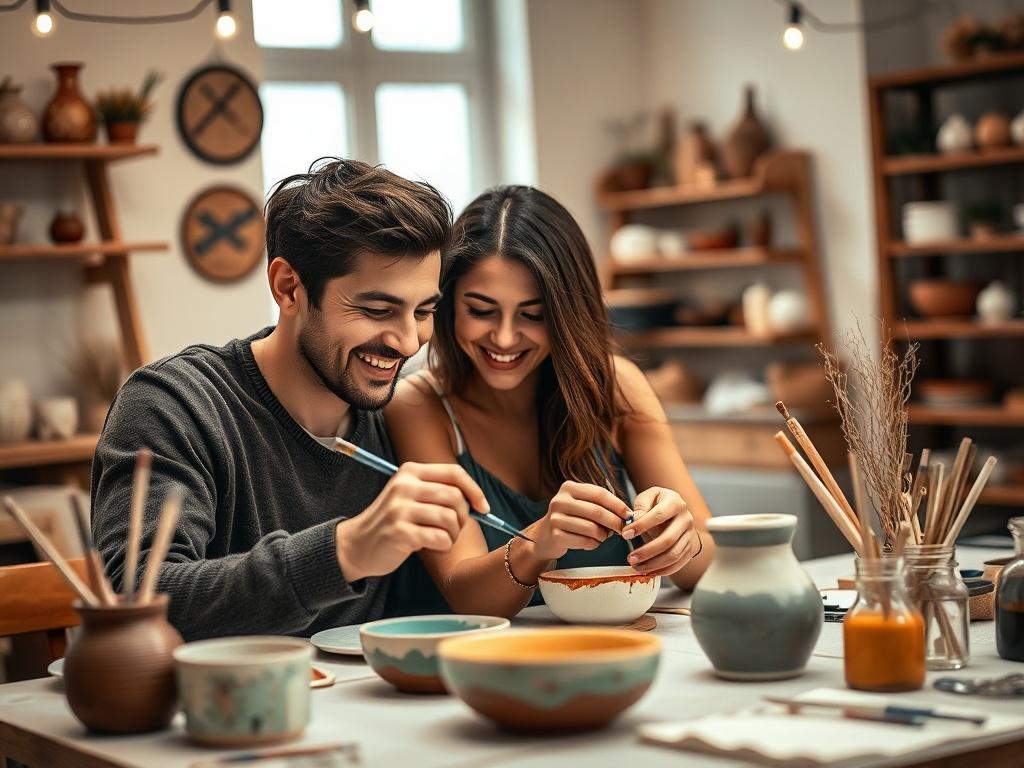 A romantic setting in a ceramic painting studio, featuring a couple painting together on a table. The focus is on their smiling faces and hands working on a ceramic piece, with a cozy ambiance. Soft lighting highlights the colors of the paint and the ceramic, creating a warm and inviting atmosphere.