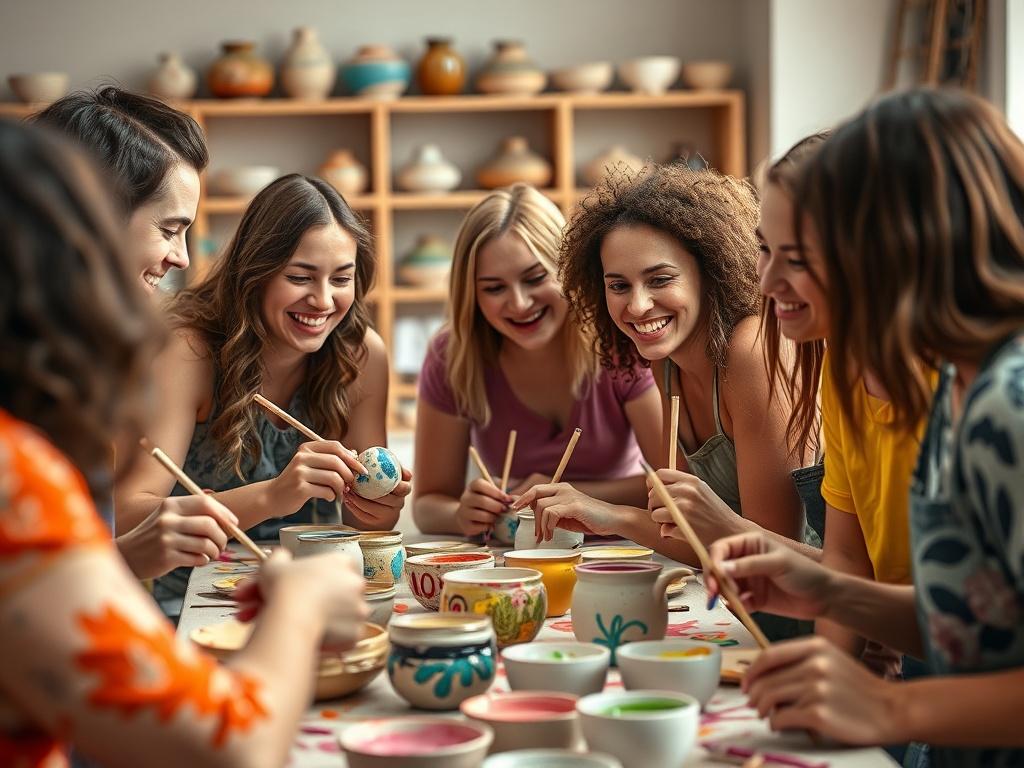 A lively group of friends painting ceramics together in a studio, capturing their joy and creativity. The image focuses on the vibrant colors of the paints and the participants' engaged expressions. The background shows various ceramic pieces waiting to be painted, enhancing the festive atmosphere.
