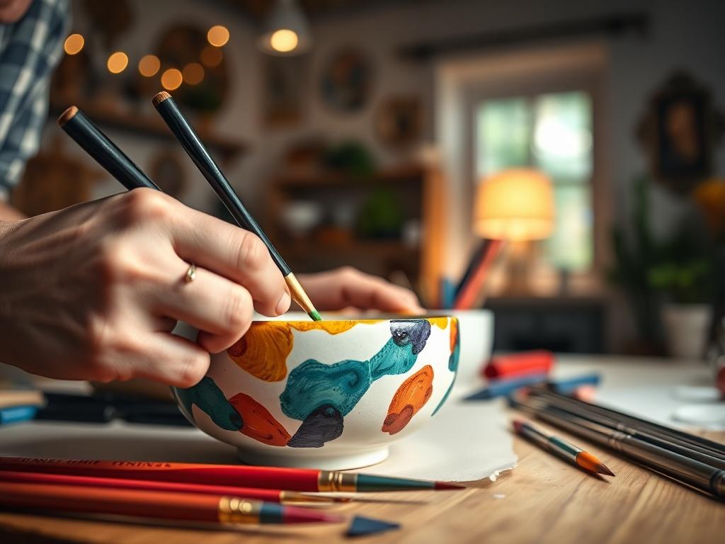 A close-up shot of a ceramic piece being painted by a person, showcasing vibrant colors and paintbrushes on a table. The background features a cozy studio ambiance with warm lighting, emphasizing creativity. The focus is on the ceramic piece and the person's hands in action, with a blurred background.