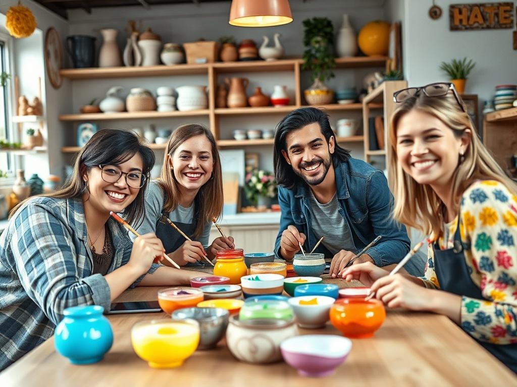An inviting scene of a group of friends gathered around a table painting colorful ceramic pieces. The focus is on their joyful expressions and the vibrant ceramics in front of them. The background is a cozy ceramic studio filled with art supplies and cheerful decorations, creating an atmosphere of creativity and fun.