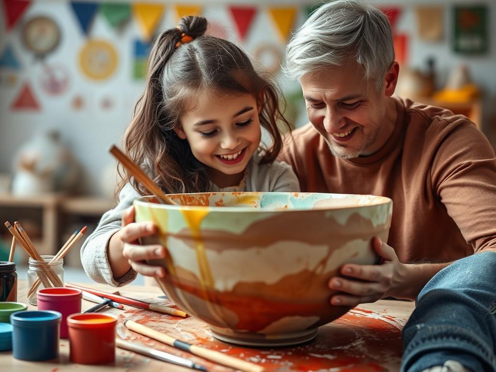 A high-resolution close-up of a child and parent painting a large ceramic bowl together. The scene captures their concentration and joy, with colorful paints and brushes scattered around them. The background features a cheerful, colorful studio setting, enhancing the sense of family bonding and creativity.