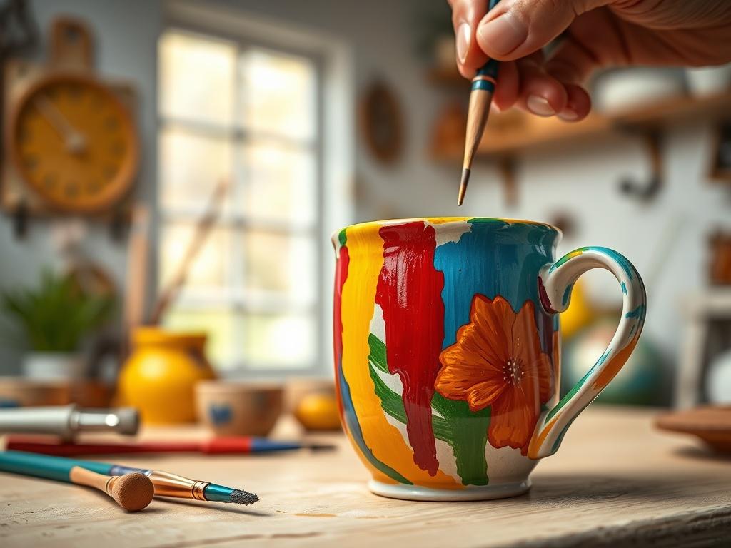 A close-up shot of a colorful ceramic mug being painted with vibrant colors. The background is a well-lit, cozy ceramic studio with painting tools and other ceramics in soft focus. The mug is the only subject in the image, showcasing intricate brush strokes and lively colors, captured in hyper-realistic detail.