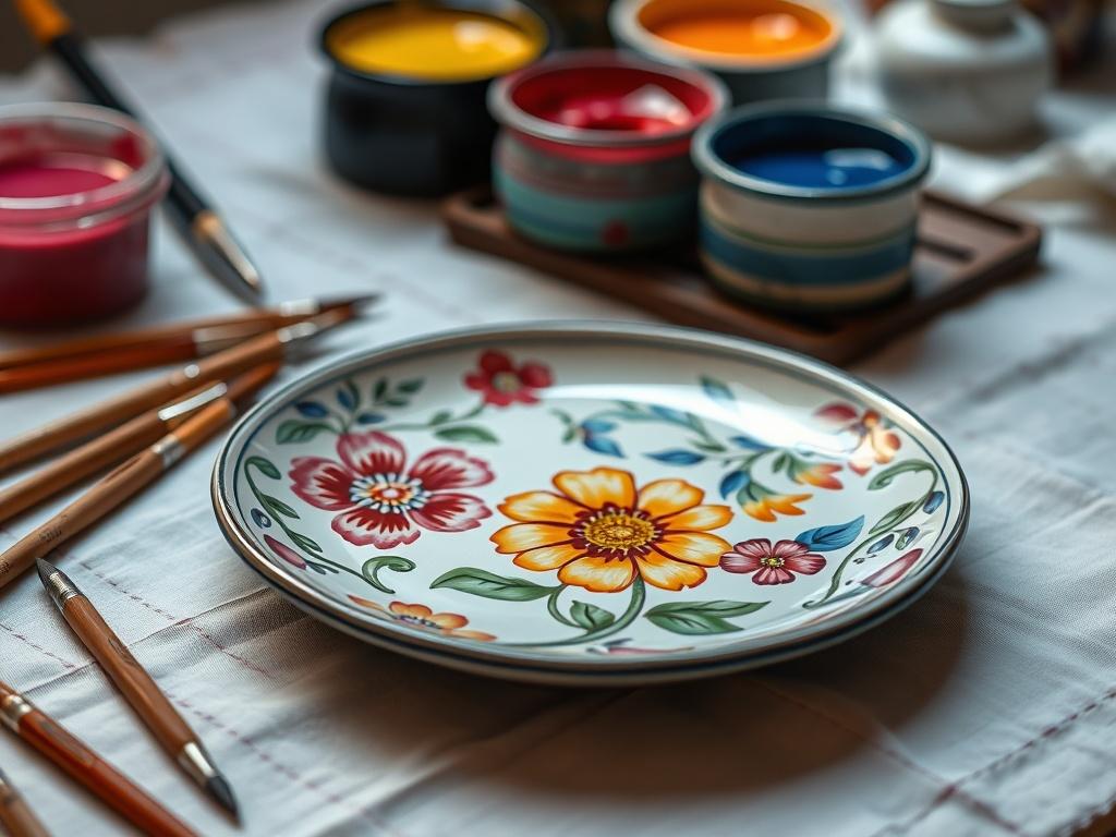 A close-up shot of a hand-painted ceramic plate featuring intricate floral designs in bright colors. The plate rests on a white tablecloth, with paintbrushes and vibrant glaze pots in the background, showcasing a creative workspace. Soft lighting highlights the plate's artistry, inviting viewers to appreciate the craftsmanship.