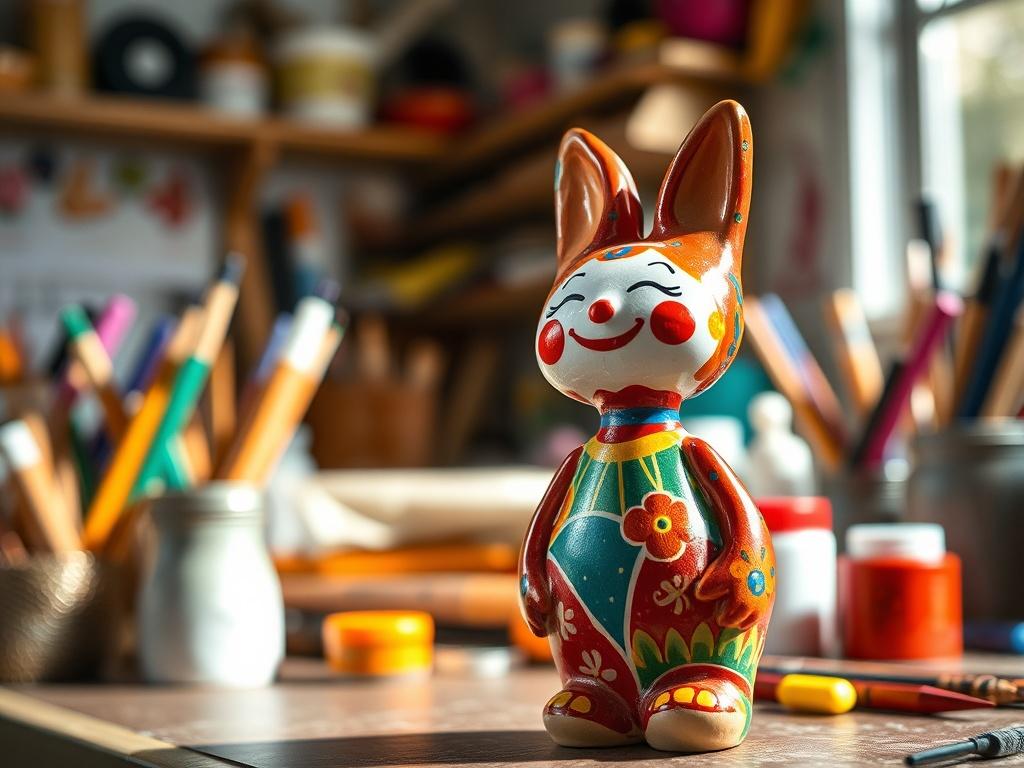 A close-up shot of a colorful ceramic figurine, showcasing detailed hand-painted designs. The figurine is set against a blurred background of a creative studio filled with art supplies. Natural light casts a soft glow on the figurine, emphasizing its vibrant colors and playful features, evoking a sense of joy and creativity.
