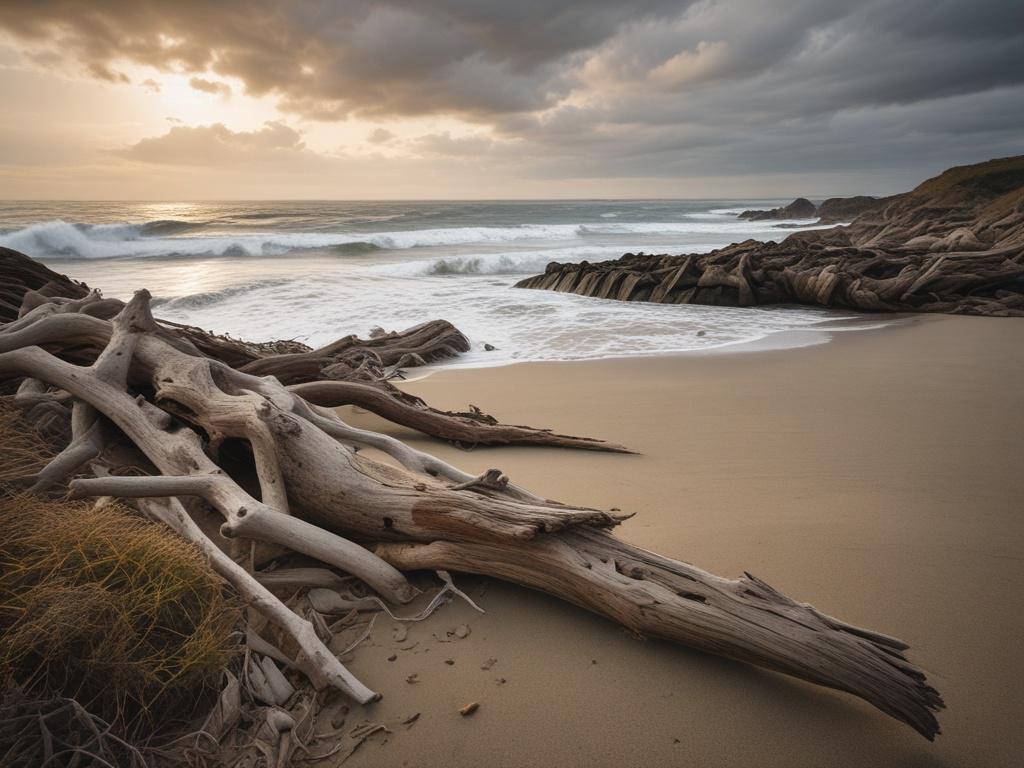 A serene coastal landscape featuring gentle waves lapping at a