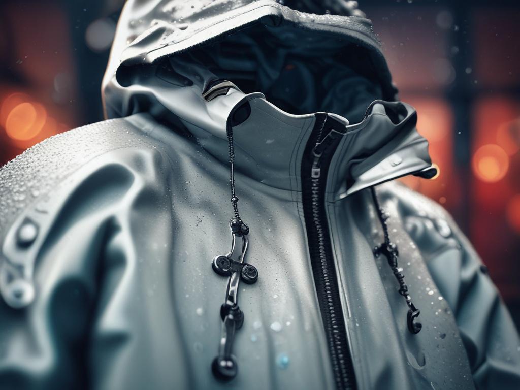 A close-up shot of a waterproofed ski jacket hanging, with droplets of water beading on the surface, in a well-lit environment. The background is softly blurred to emphasize the jacket's texture and waterproof treatment, showcasing the vibrant colors of the fabric.