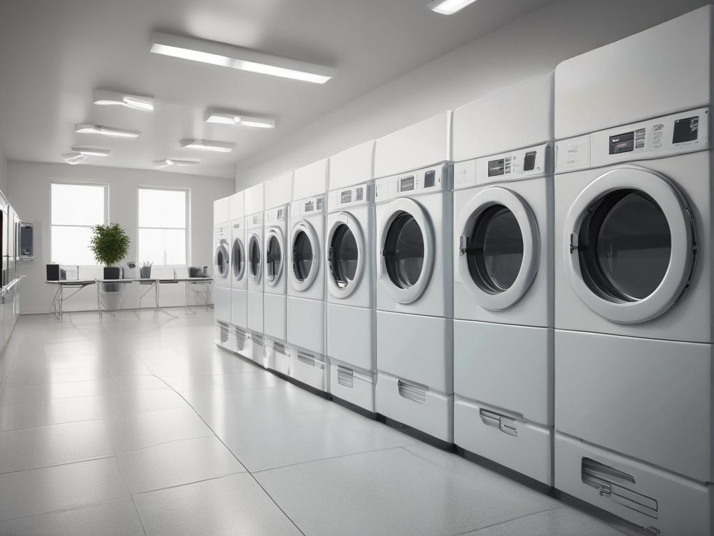 a bright, clean self-service laundry facility with modern washers and dryers, featuring a close-up shot of a washing machine loading area, soft natural lighting, and a welcoming atmosphere