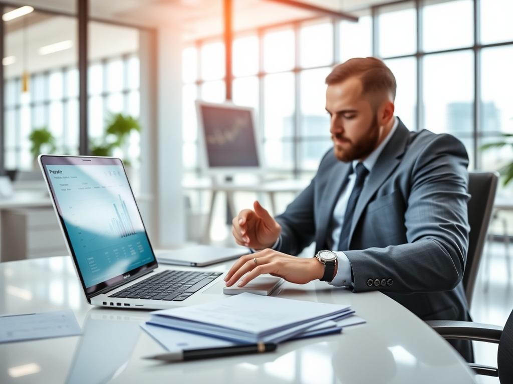 A professional consultant in a modern office, analyzing payment data