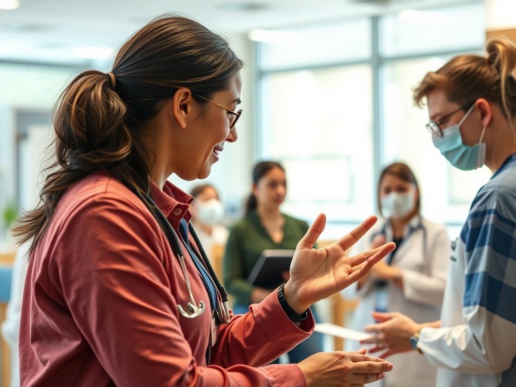 A close-up shot of a public health trainer engaging with a group of healthcare professionals in a workshop setting. The focus is on the trainer demonstrating a technique with visual aids. The environment is bright and inviting, showcasing a collaborative learning atmosphere. The image should be hyper-realistic, captured with a 45mm f/1.2 lens.