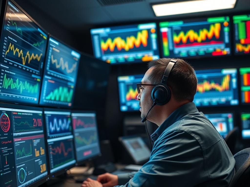 A close-up shot of a public health analyst reviewing real-time health data on multiple screens in a control room. The room is dimly lit with vibrant screens displaying graphs and statistics, highlighting the urgency and importance of health surveillance.