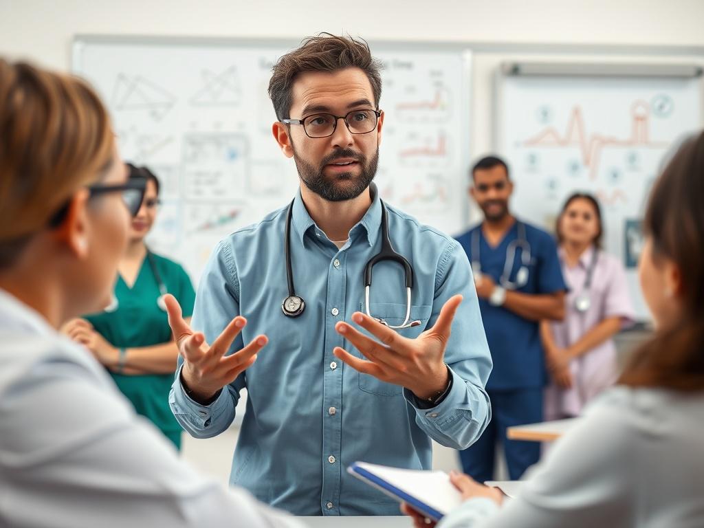 A close-up shot of a trainer engaging with healthcare professionals in a classroom setting. The trainer is animated, with a whiteboard filled with diagrams in the background. Bright colors and an interactive environment emphasize learning and collaboration.