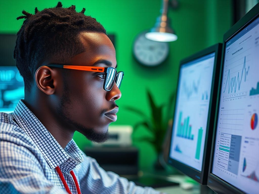 A clear close-up shot of a public health analyst examining data on a computer screen, with graphs and charts visible. The analyst, a young African male, is wearing glasses and is focused on the screen, with a vibrant green-themed workspace in the background, shot with a 45mm f/1.2 lens.